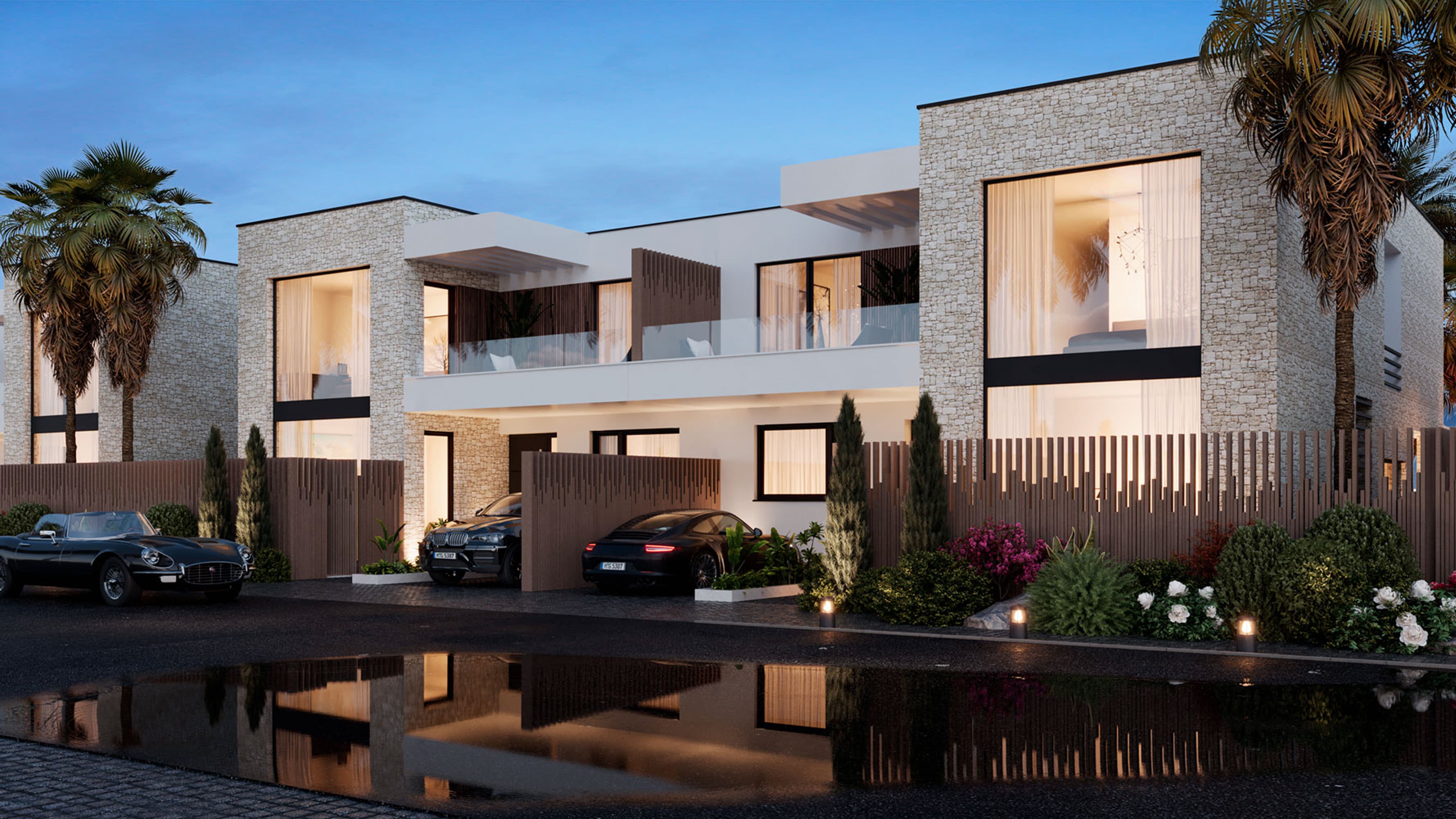 Luxury Nexora-managed villas at dusk